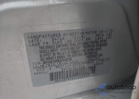 2018 Nissan Sentra Sv z USA, uszkodzony, nr VIN 3N1AB7AP6JL645259